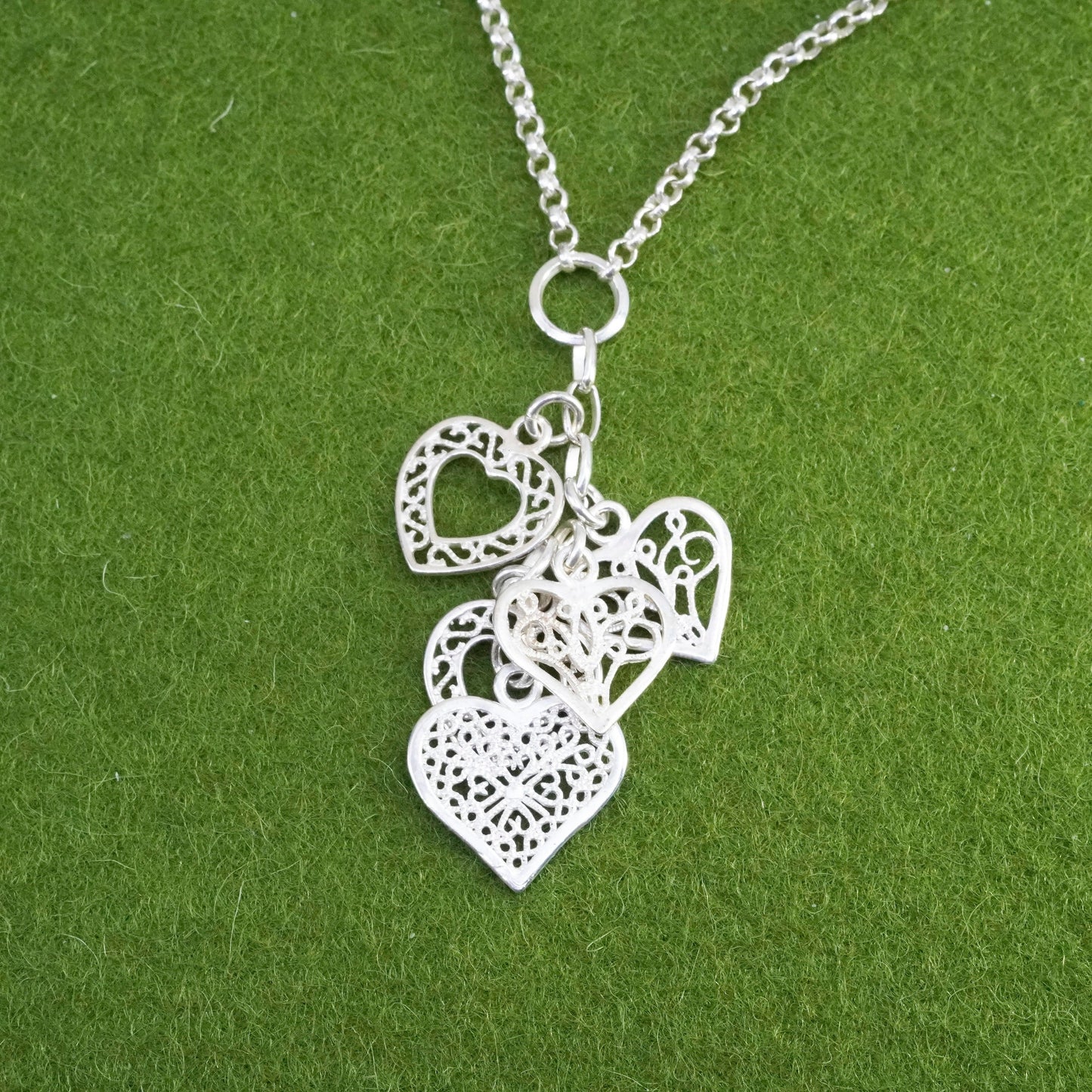 16+2”, Vintage 925 sterling silver circle chain with filigree heart pendant