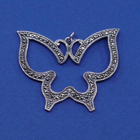 vtg Sterling silver handmade butterfly pendant, 925 w/ marcasite
