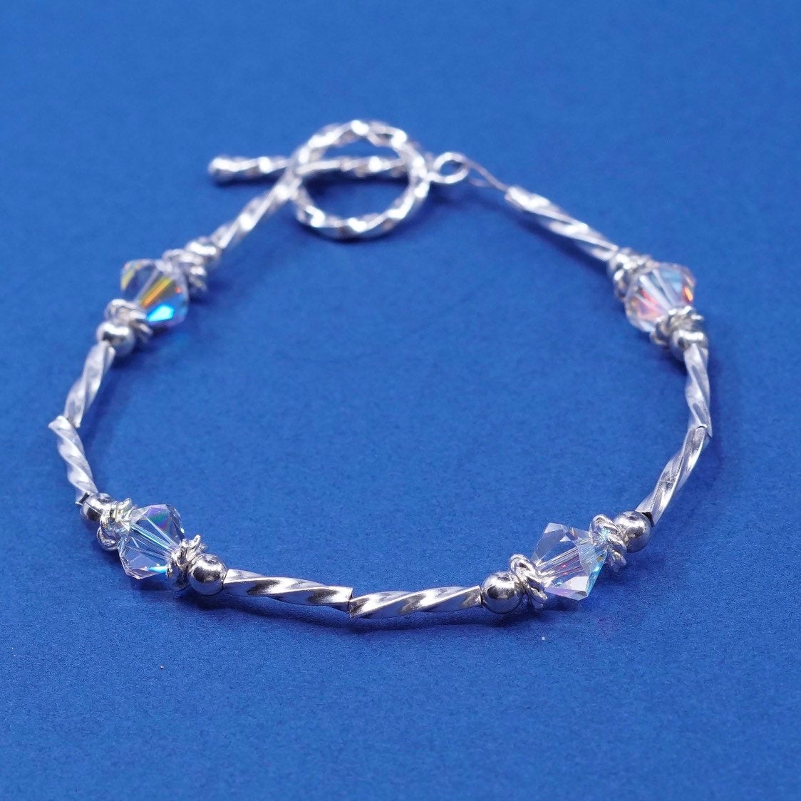 6", vtg Sterling silver handmade bracelet, 925 twisted bar w/ crystal
