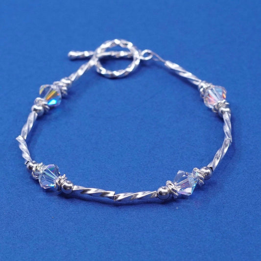6", vtg Sterling silver handmade bracelet, 925 twisted bar w/ crystal