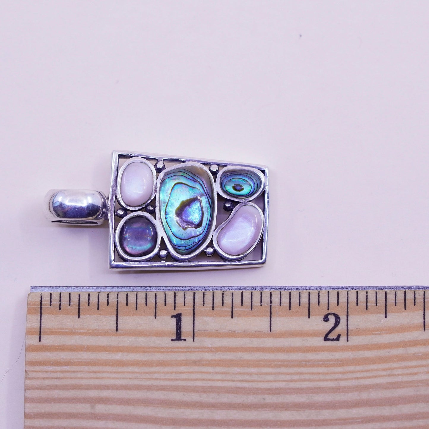 Vintage sterling 925 silver handmade pendant, with abalone pink mother of pearl