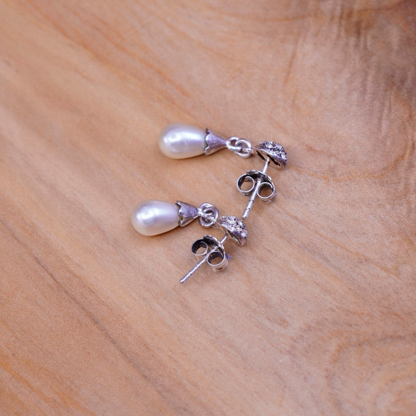 Vintage Sterling 925 silver handmade earrings with teardrop pearl and Cz