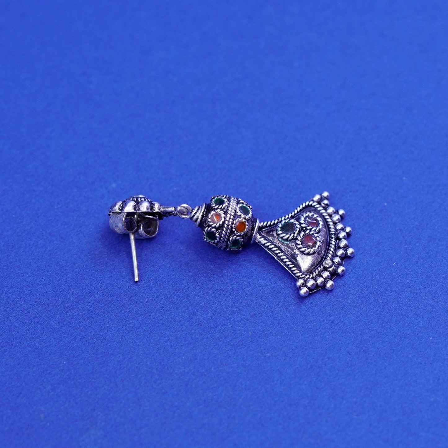 Vintage sterling silver handmade earrings, bali 925 drop with enamel