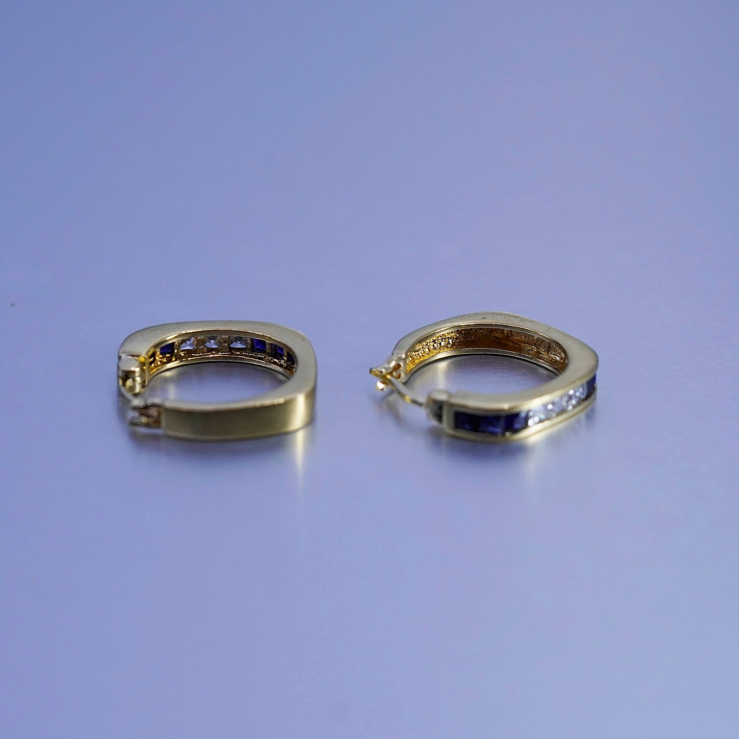 0.75”, vermeil gold over Sterling silver earrings, square 925 hoops sapphire cz