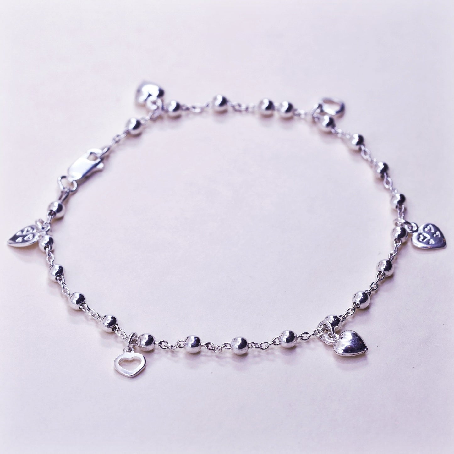 9.75”, sterling silver handmade anklet bracelet, 925 circle chain heart charms