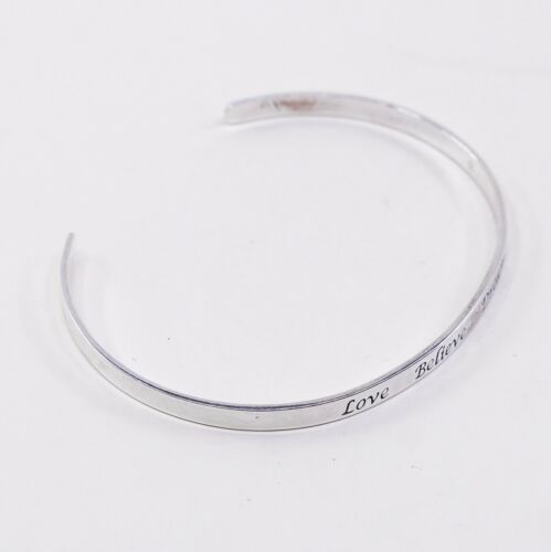 7.5”, Vintage Quote “love Believe Dream” Sterling 925 Silver Cuff Bracelet