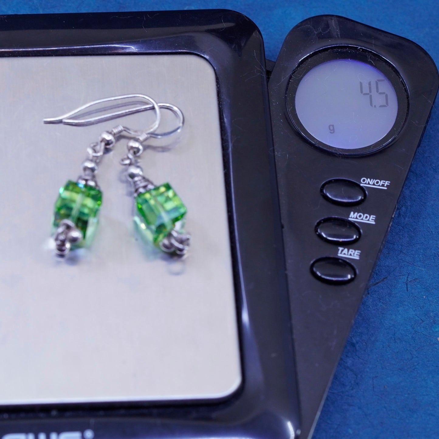 Vintage sterling 925 silver earrings with green cz dangles