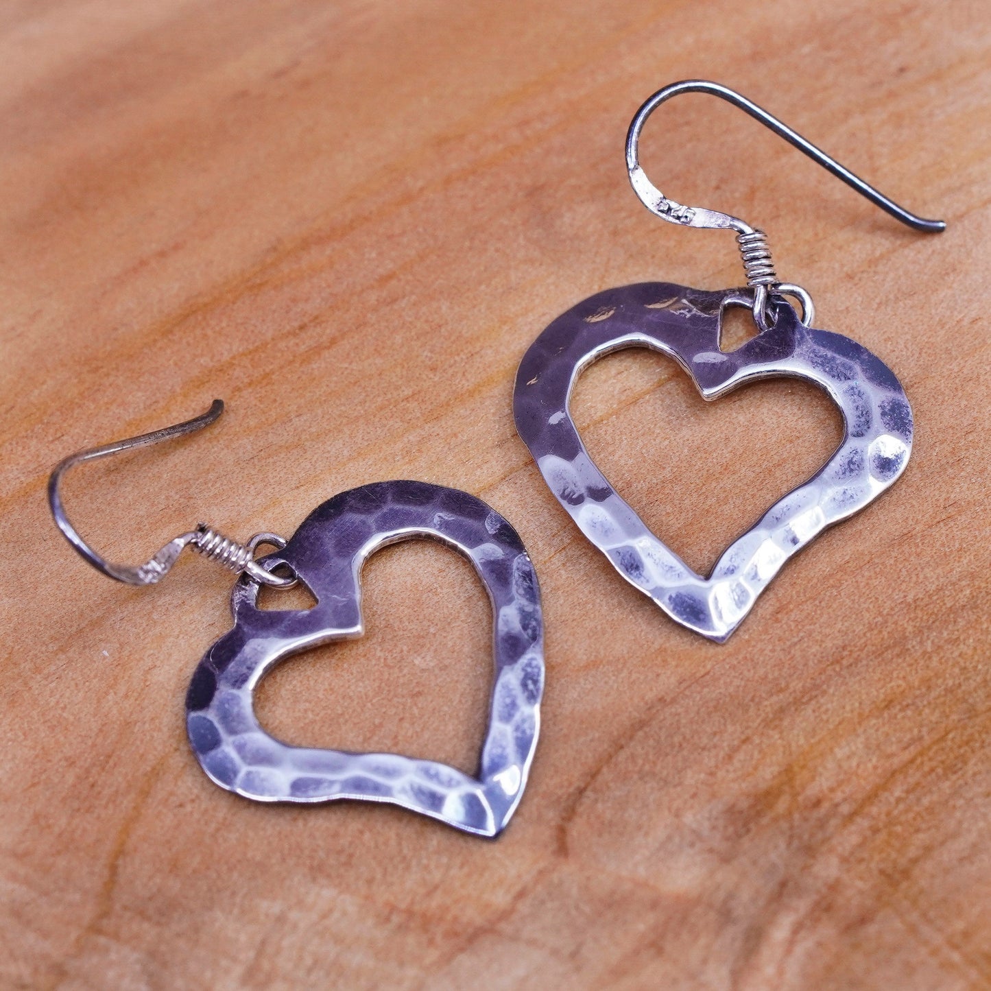 Vintage Sterling silver handmade earrings, 925 hammered heart drops