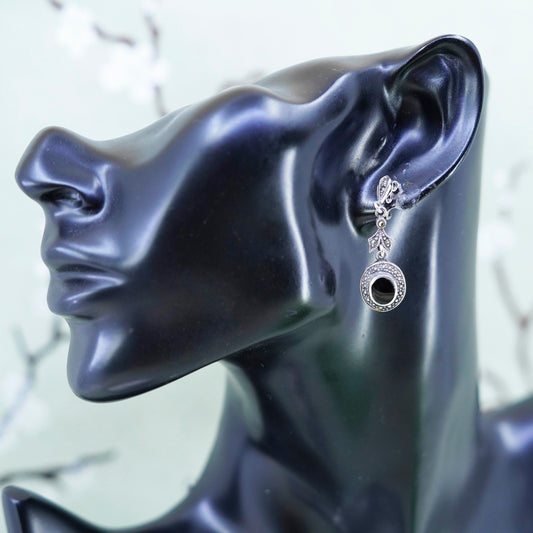 Vintage Sterling 925 silver handmade earrings with onyx and marcasite