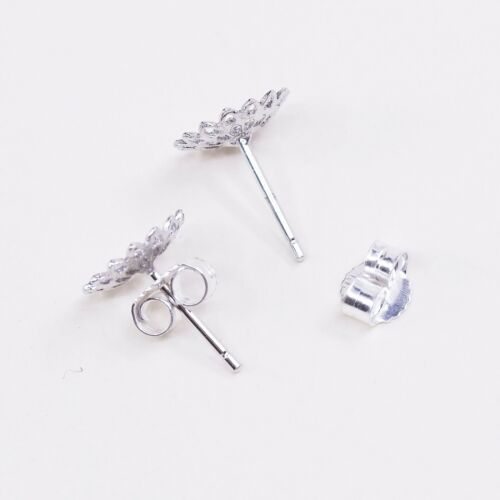 Vintage Sterling Silver Handmade Earrings, 925 Filigree Flower Studs W/ Blue Dot
