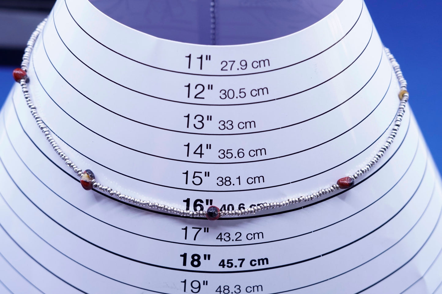 16”, Native American Navajo Sterling 950 silver heishi chain w/ coral beads