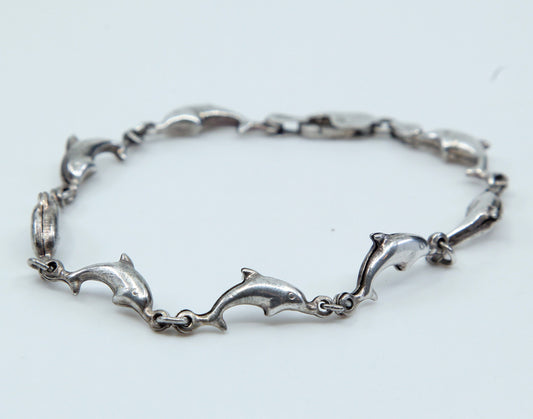 7.", VTG Sterling silver handmade bracelet, solid 925 silver dolphin links