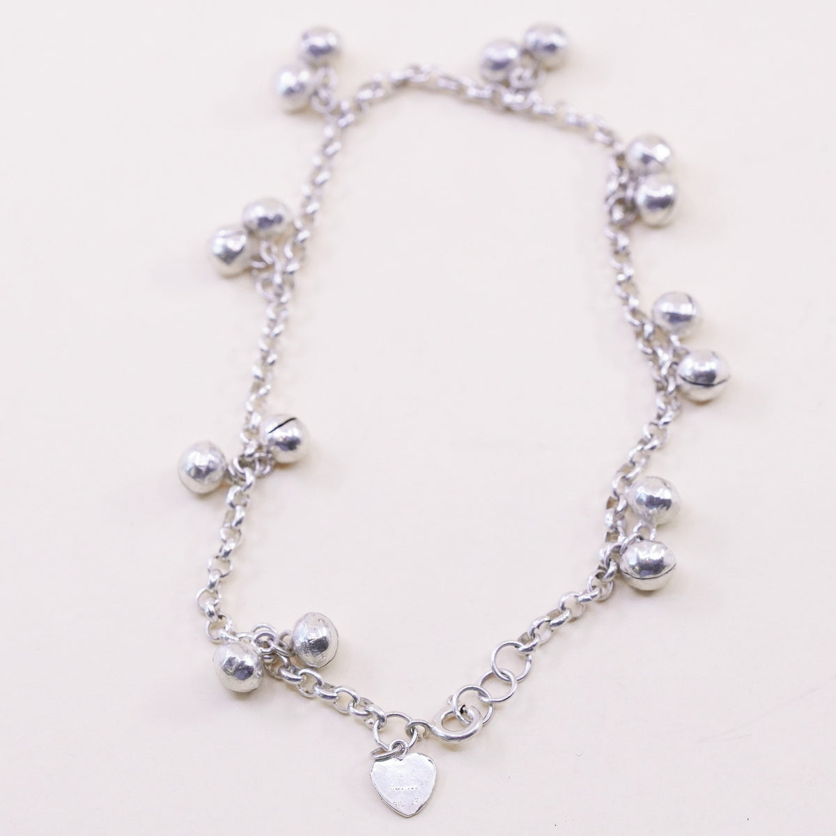 9.5”, Sterling Silver Bracelet, 925 belly dancer chain anklet chime bell charms