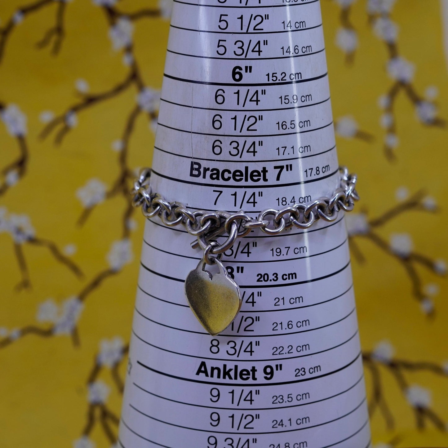 7.5”, Sterling silver handmade bracelet, 925 bold circle chain heart tag charm