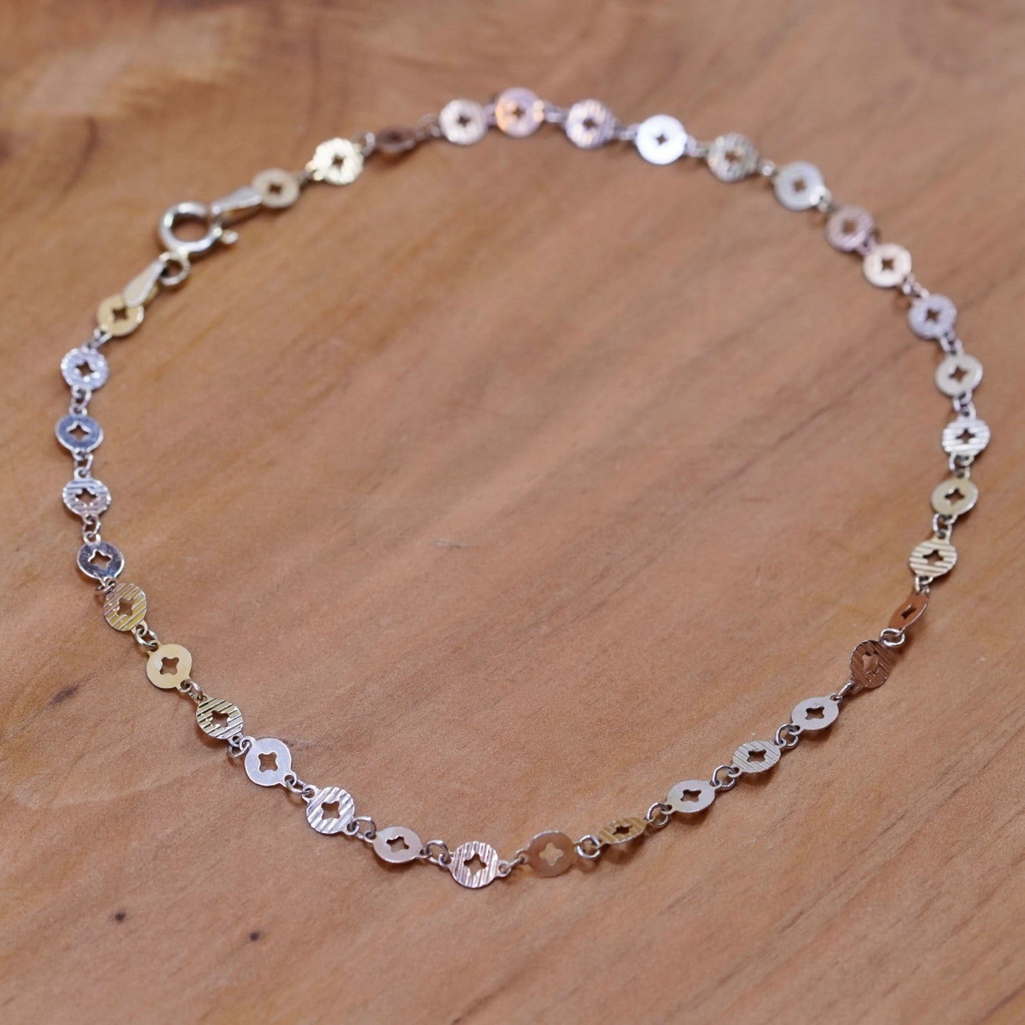 10”, Vintage two tone sterling silver handmade anklet, 925 flatten circle chain