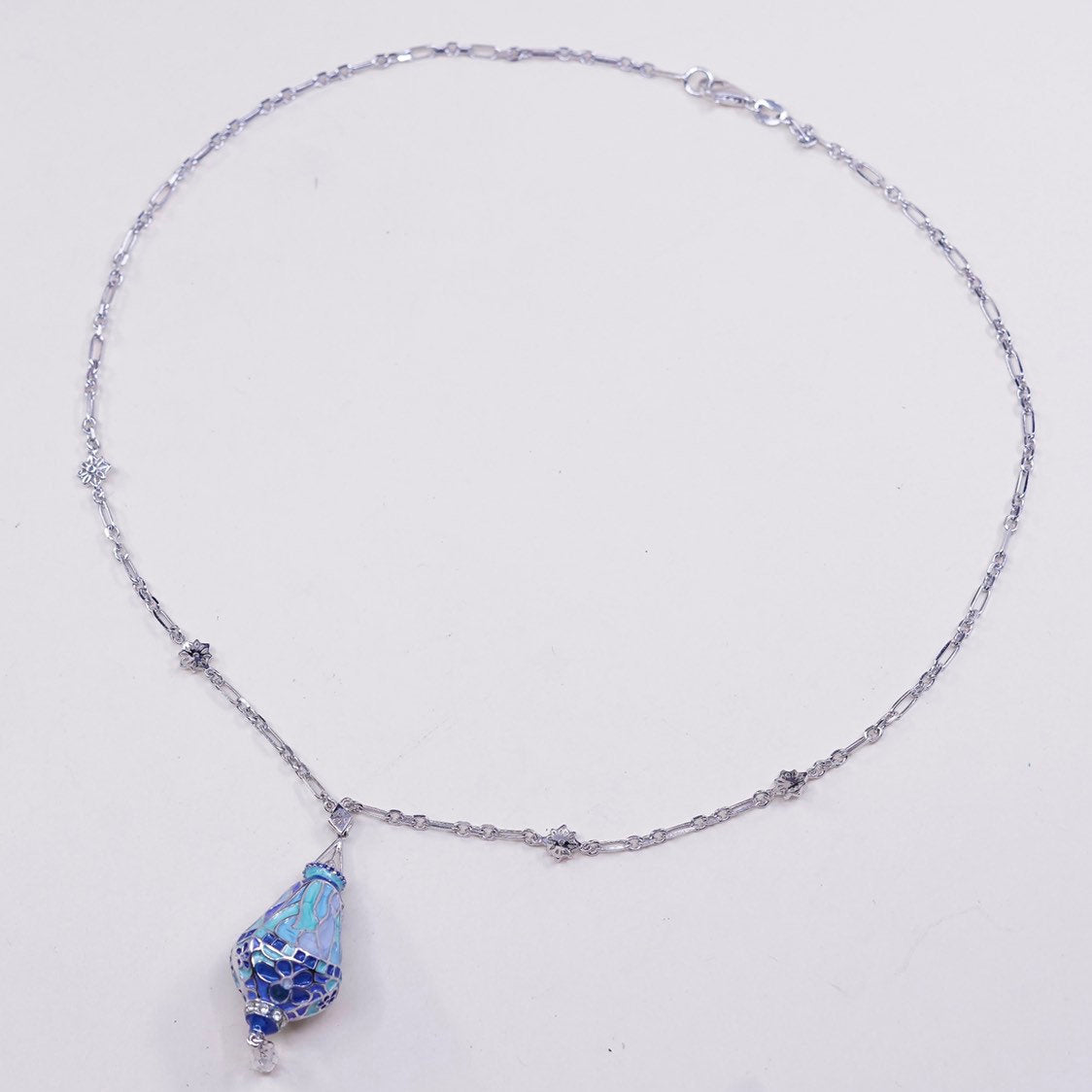 18”, BGE sterling 925 silver elongated chain necklace W teardrop enamel pendant