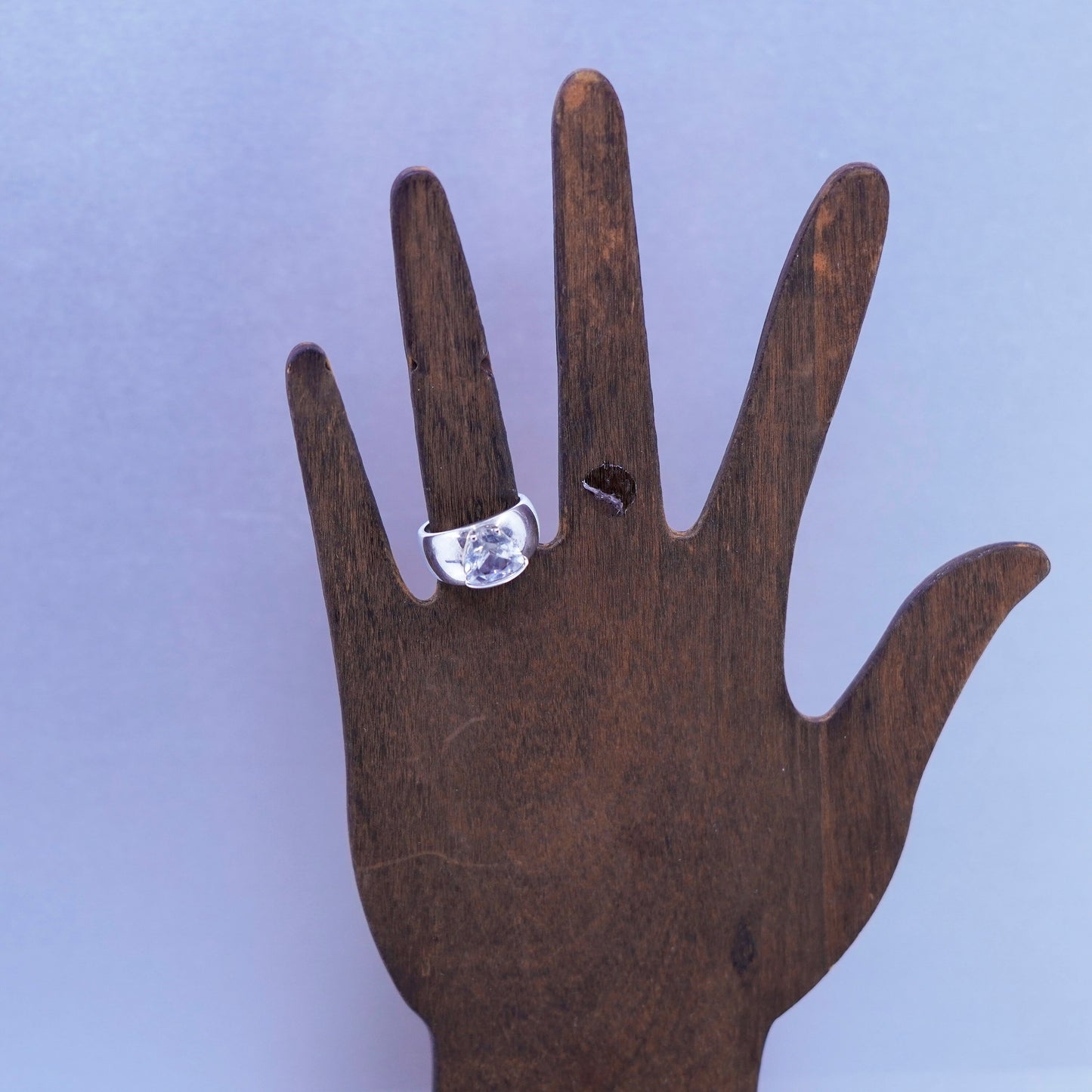 Size 6, vintage Sterling 925 silver handmade wide ring with triangular Cz