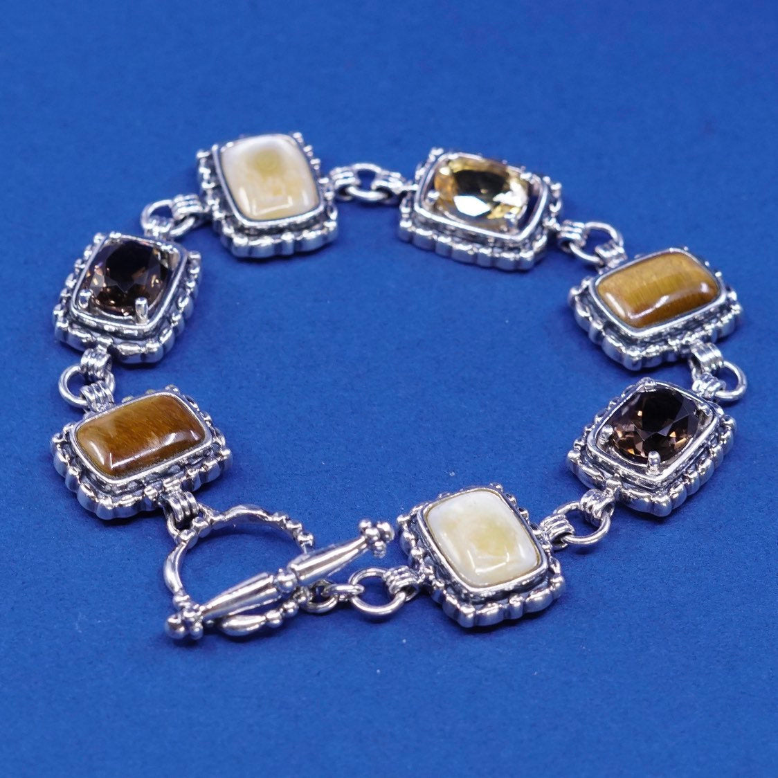 7.25", vtg sterling 925 silver handmade bracelet w/ mop, tiger’s eye N citrine