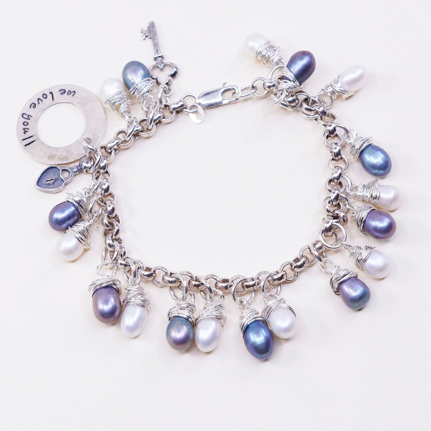 7”, vtg sterling 925 silver handmade bracelet w/ pearl N “we love you” charm