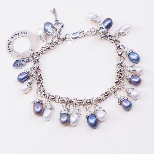 7”, vtg sterling 925 silver handmade bracelet w/ pearl N “we love you” charm