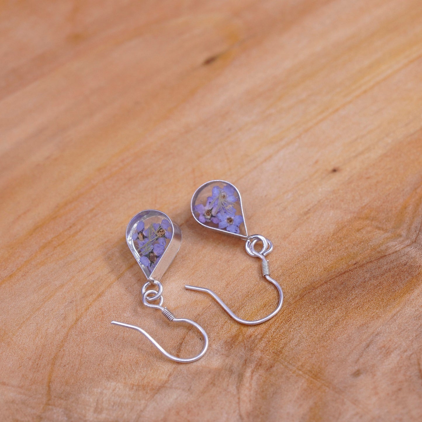 Vintage Sterling 925 silver handmade teardrop earrings with purple resin flower
