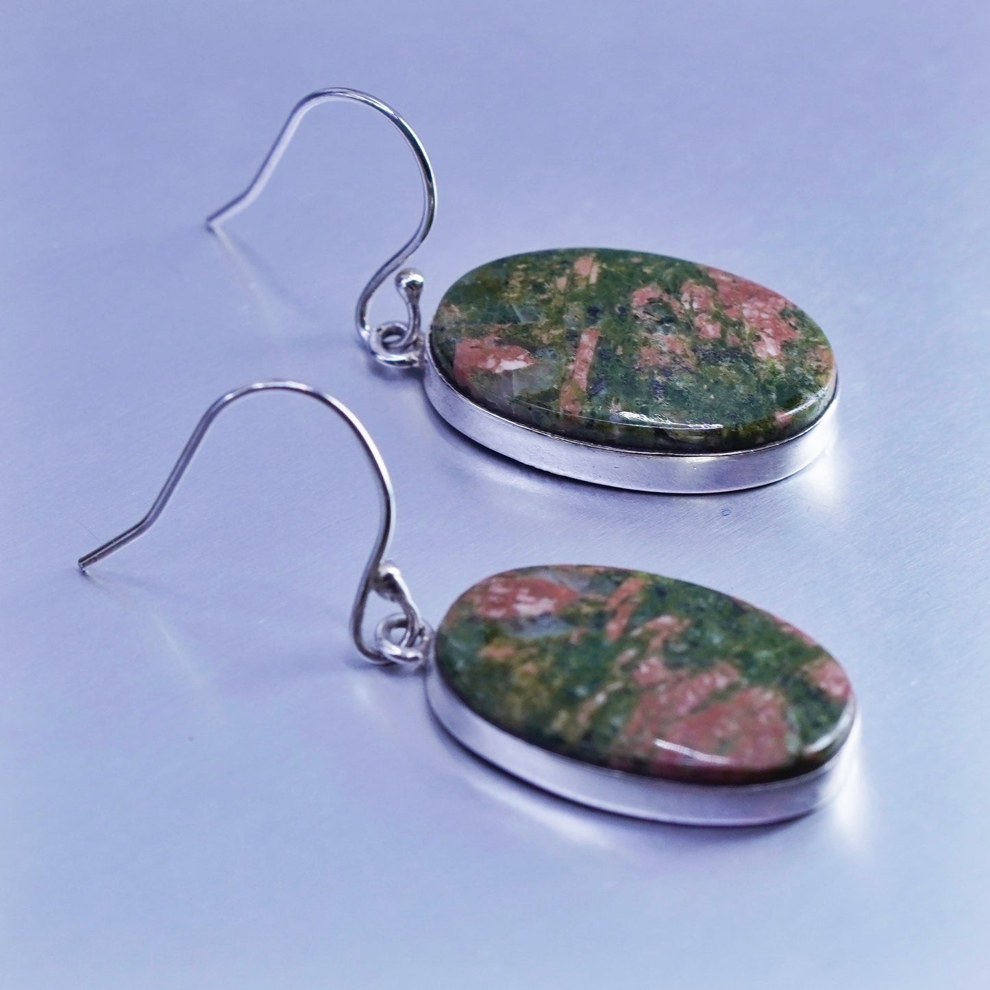 Vintage Mexico Sterling 925 silver handmade earrings with oval unakite