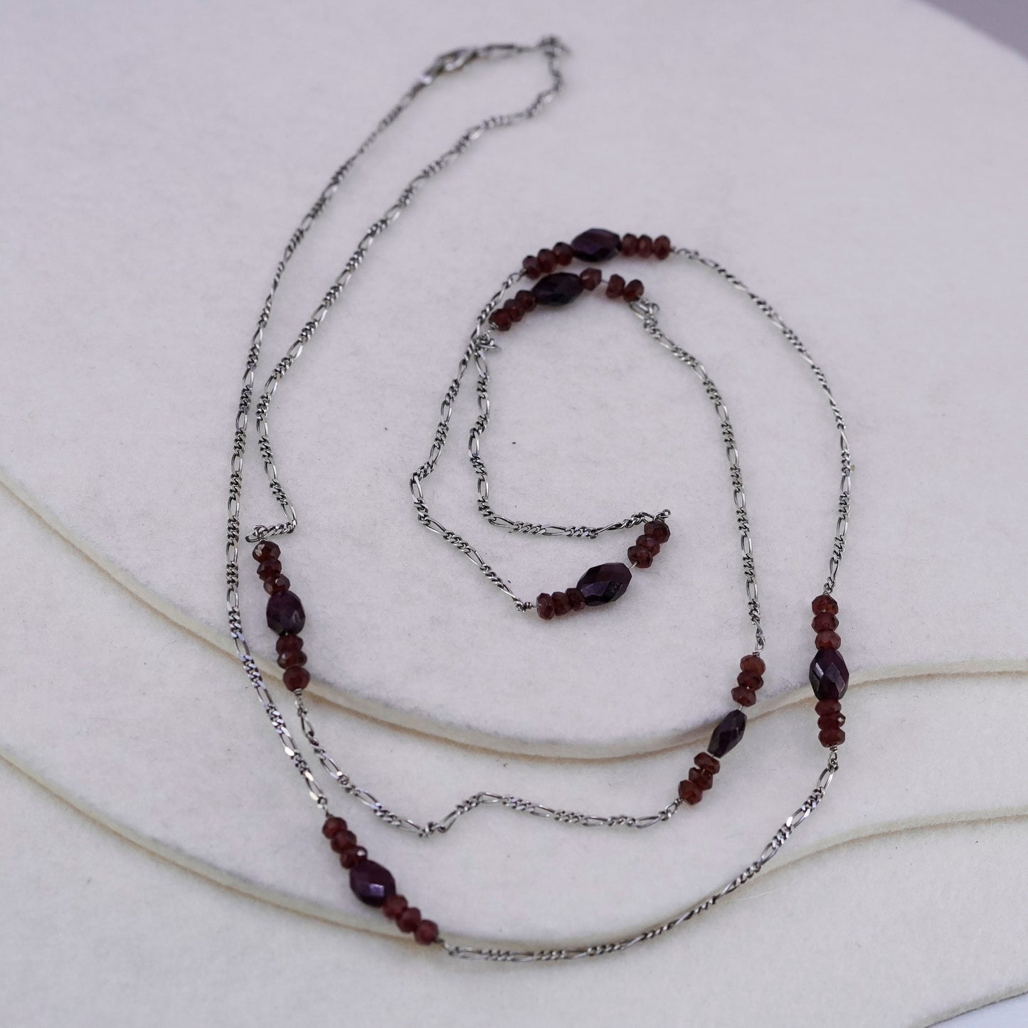 36”, Sterling 925 silver handmade extra long figaro necklace with garnet beads