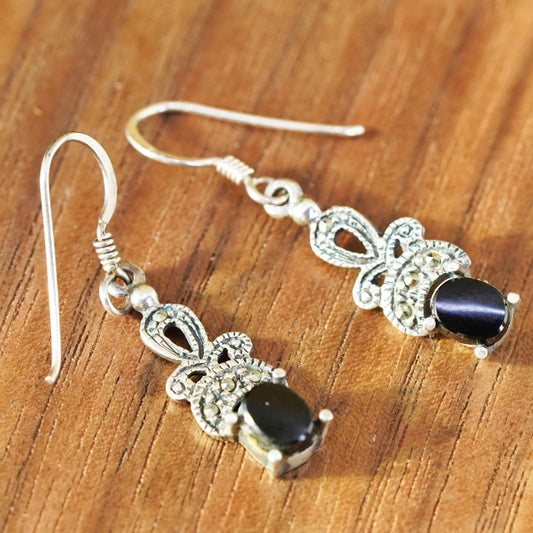 Vintage Sterling 925 silver handmade earrings with obsidian and marcasite