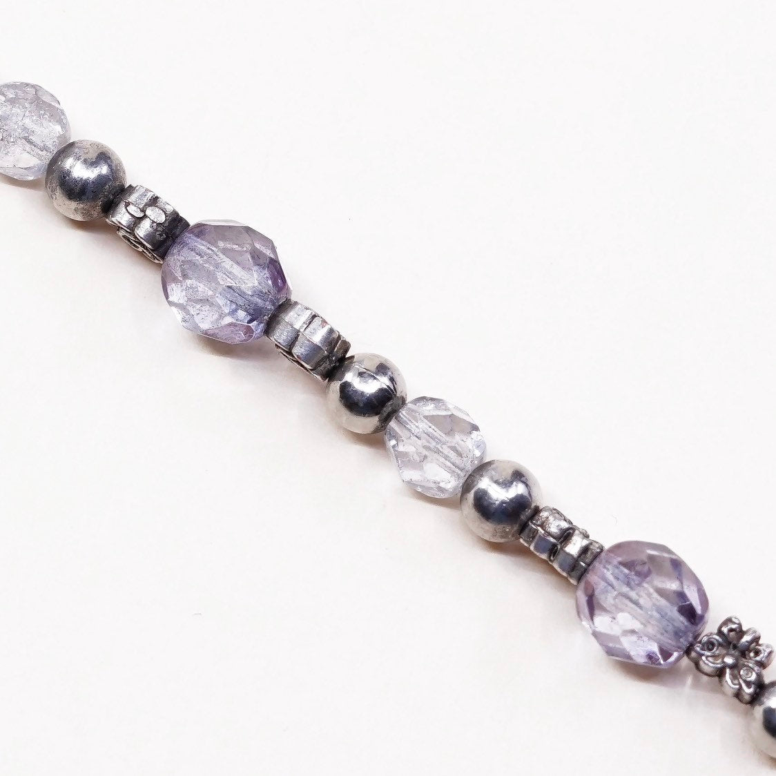 7.25”, VTG sterling silver handmade bracelet, 925 beads w/ crystal beads