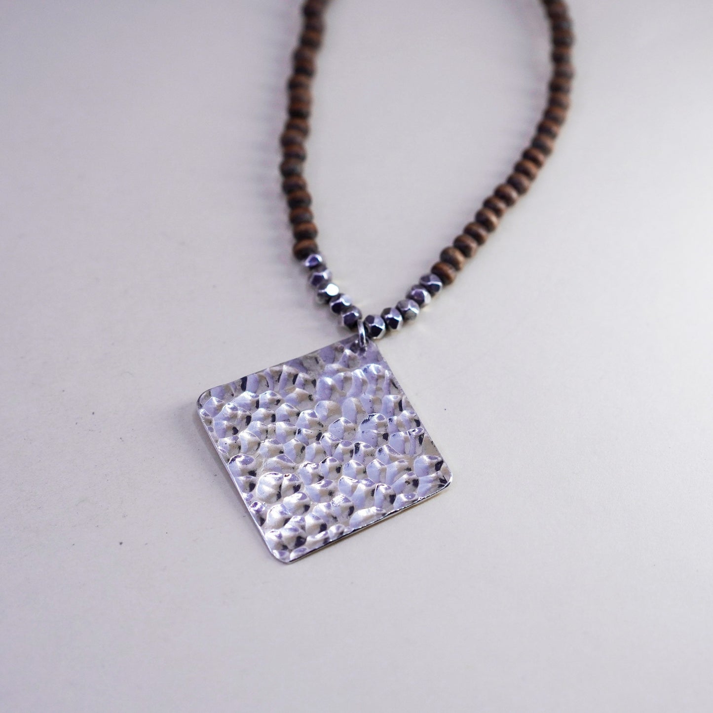16+3”, sterling 925 silver necklace with wooden beads hammered diamond disc