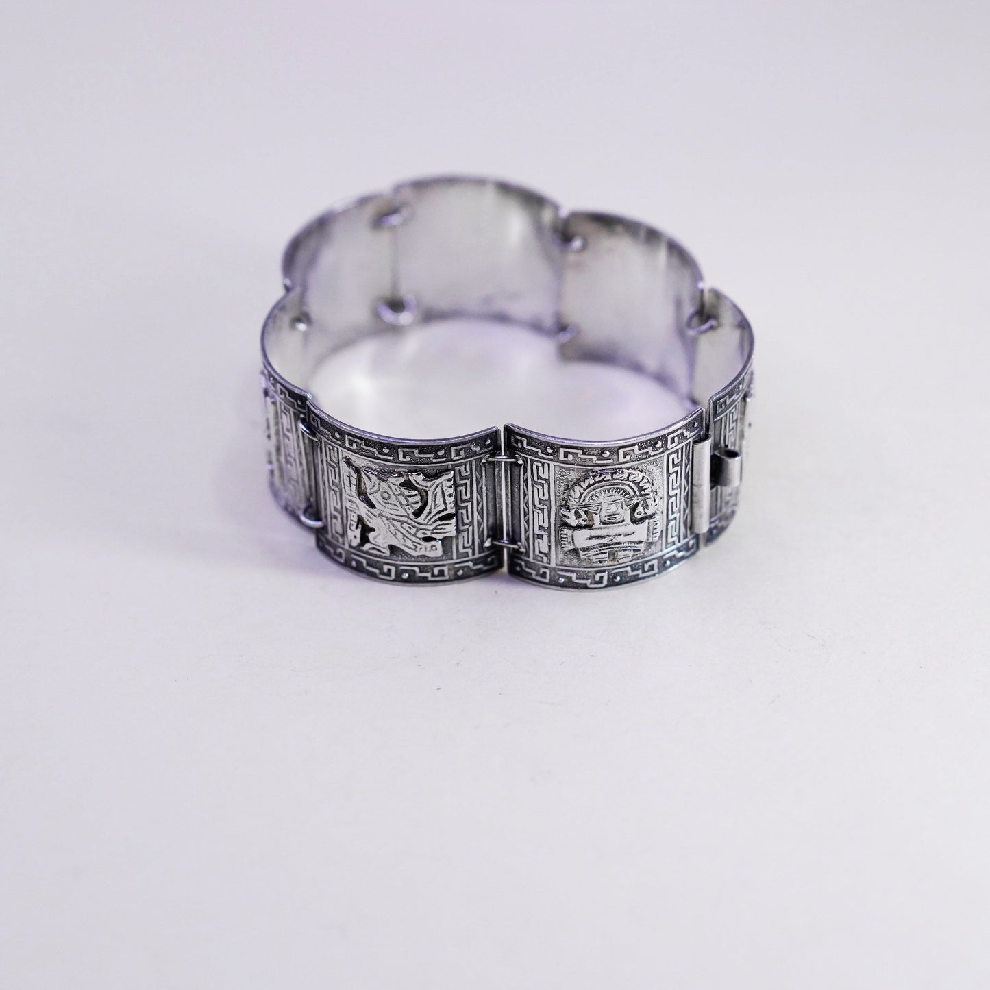 6”, vintage Signed JFG Peru 925 Sterling Silver Wide Bracelet, Aztec Mayan