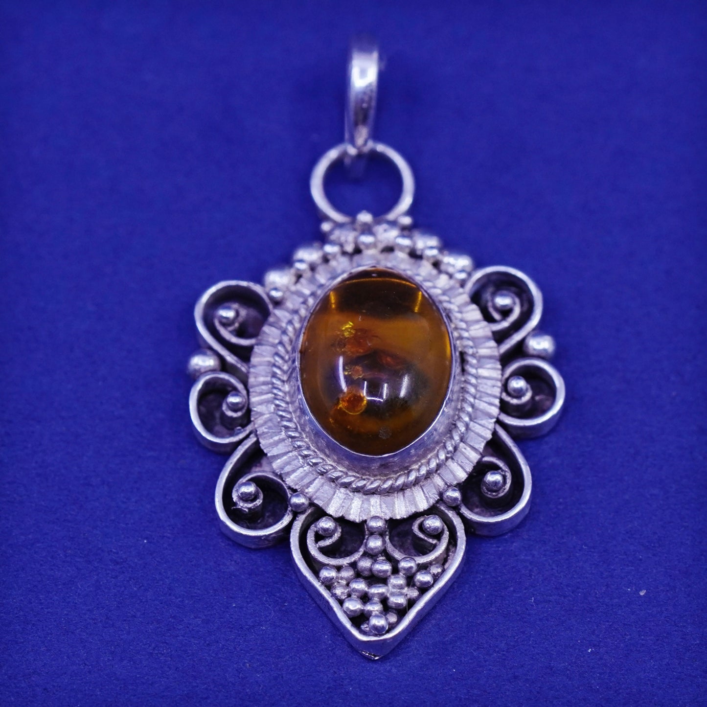 Vintage Sterling 925 silver handmade pendant with amber and beads