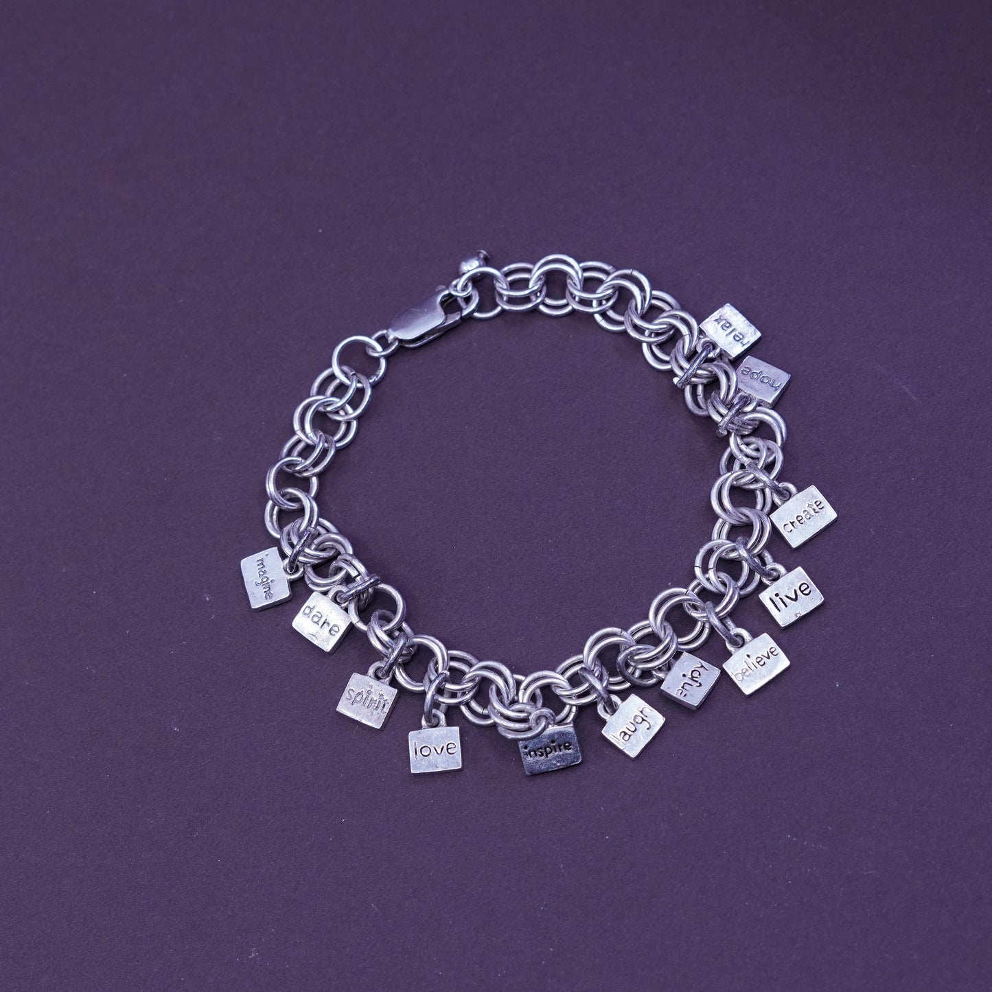 7.25”, vintage Sterling silver handmade charm bracelet, 925 double circle chain