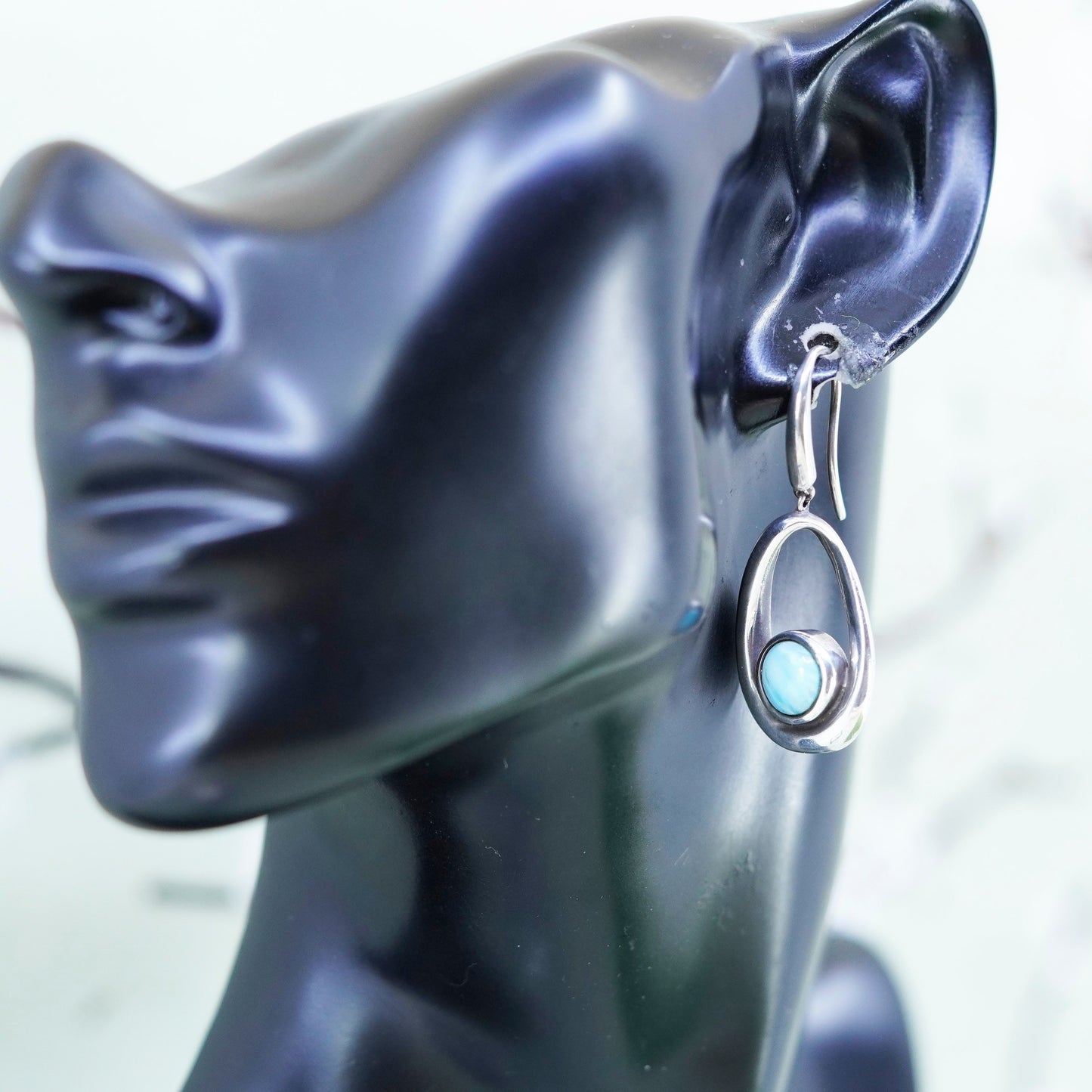 Vintage Sterling silver handmade earrings, 925 teardrop with Larimar