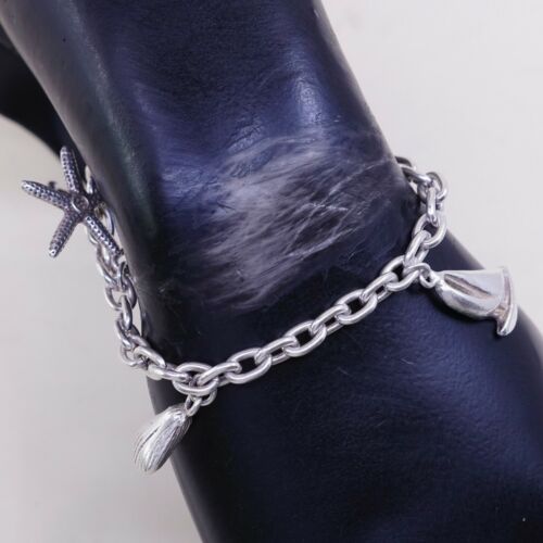 6.75” Sterling 925 Silver Handmade Bracelet, Starfish Shell Boat Dolphin charms