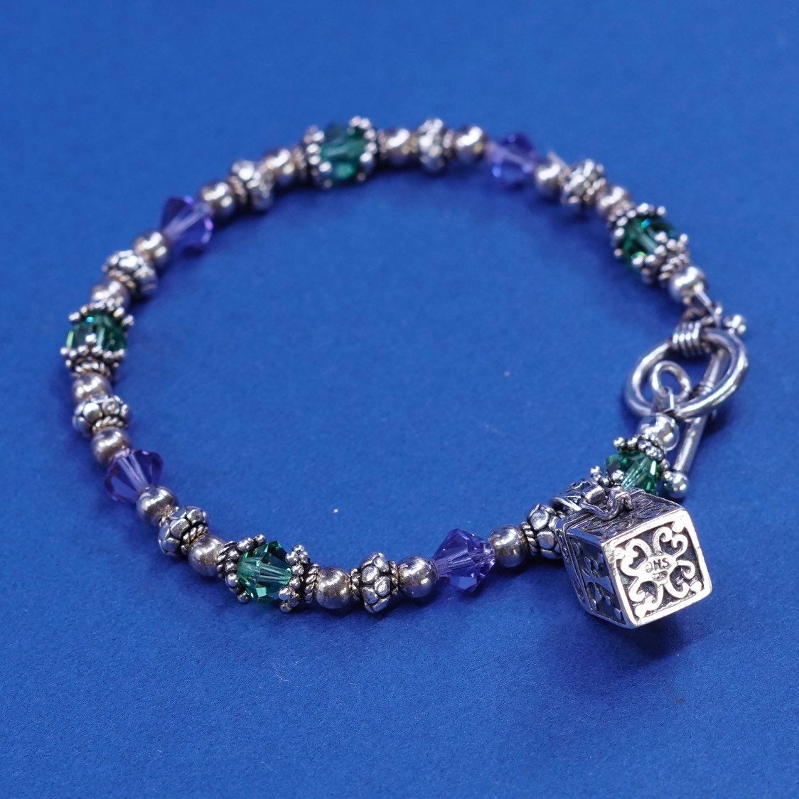 6.75", vtg sterling silver bracelet 925 beads w/ crystal N prayer locket charms
