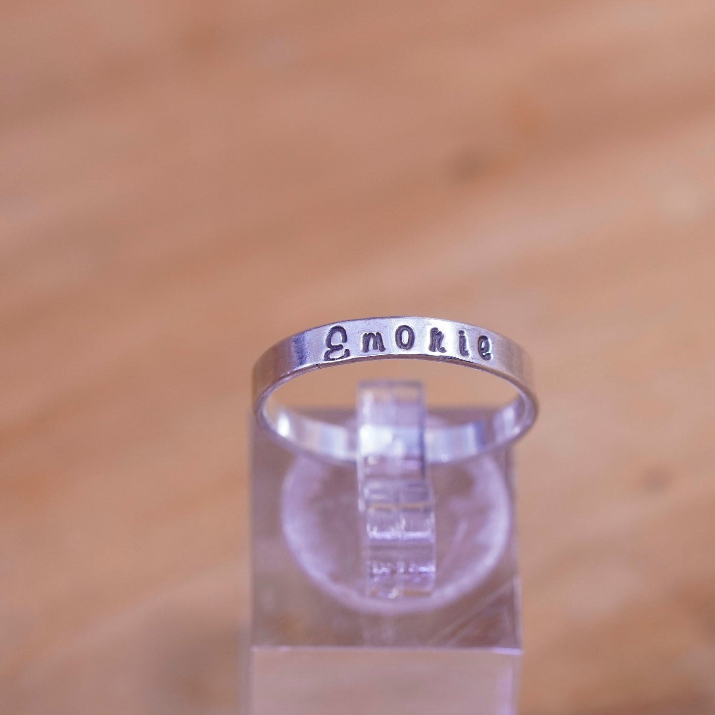 Size 7.75, Sterling silver handmade ring, 925 name “emorie” band, stackable