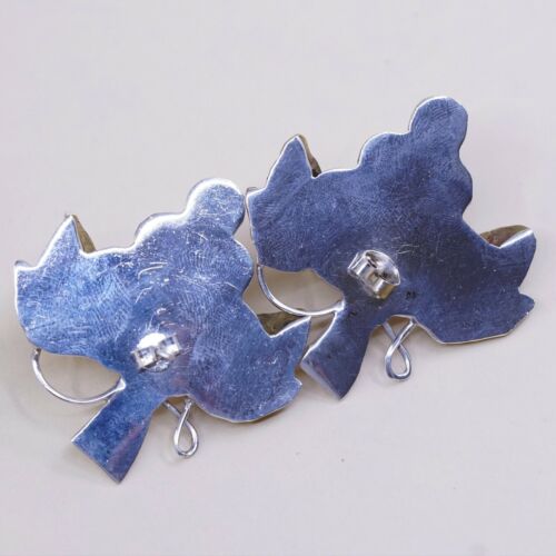 Two Tone Sterling Silver Handmade Grapes Earrings, Mexico 925 Studs W/ Leaf Vine