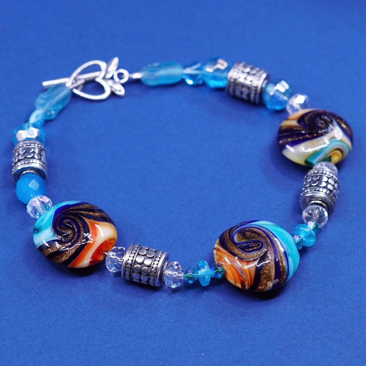 7.25", handmade sterling silver bracelet, 925 beads w/ foiled glass N heart