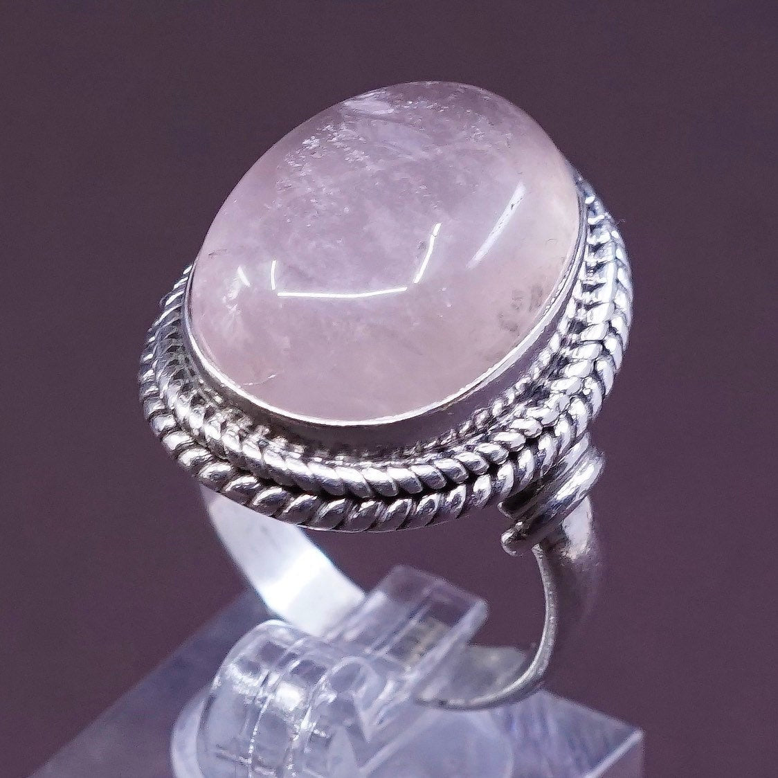 sz 8.5, vtg Sterling silver handmade ring, 925 w/ pink Quartz N cable