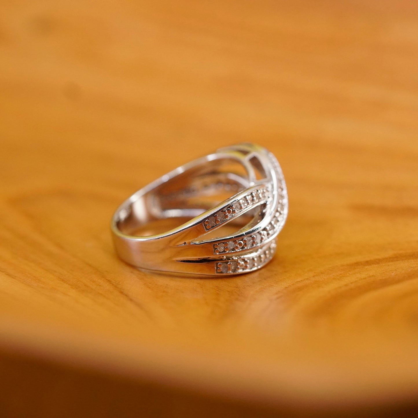 Size 7, vintage Sterling silver handmade ring, 925 wavy band w/ cluster diamond