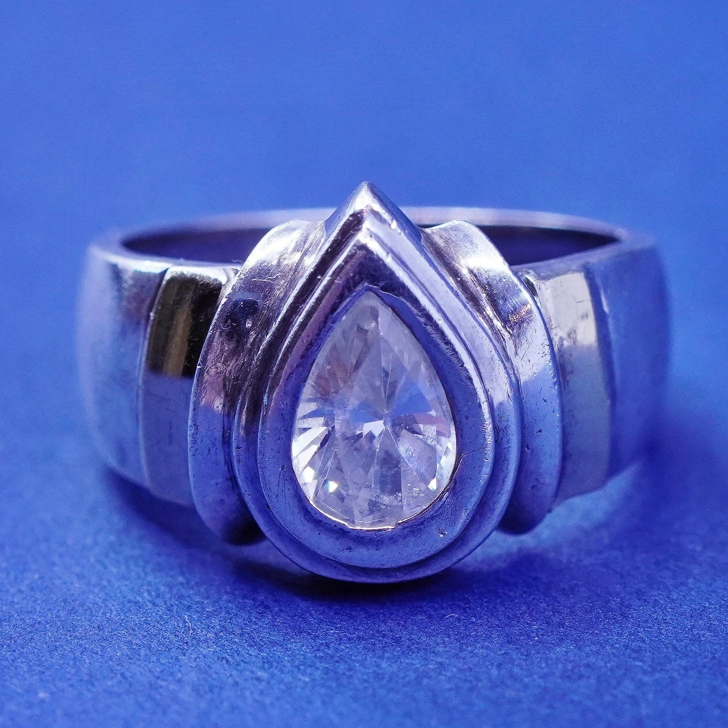 Size 6, vtg Sterling silver handmade ring, 925 statement band with teardrop cz