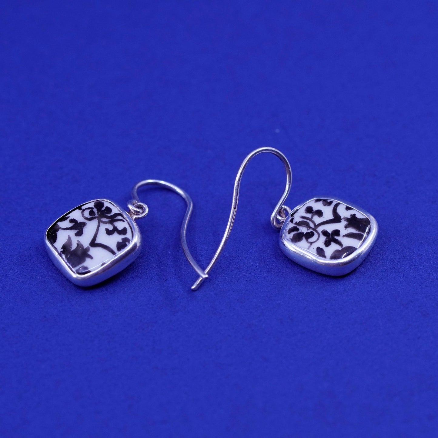 Vintage Sterling 925 silver earrings with broken porcelain China flower drops