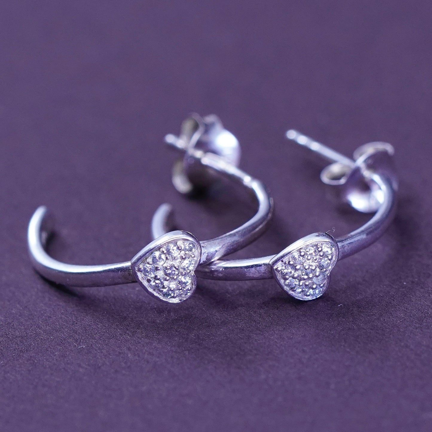 0.75”, Sterling silver handmade earrings, 925 hoops, huggie w/ heart N diamond