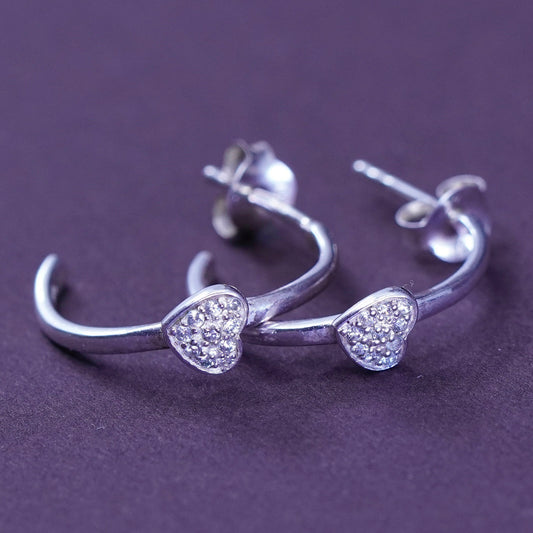 0.75”, Sterling silver handmade earrings, 925 hoops, huggie w/ heart N diamond