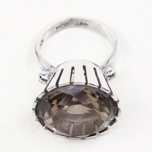 Sz 6, Vtg Modern Sterling Silver Cocktail Crown Ring, 925 W/ Cushion Cut topaz