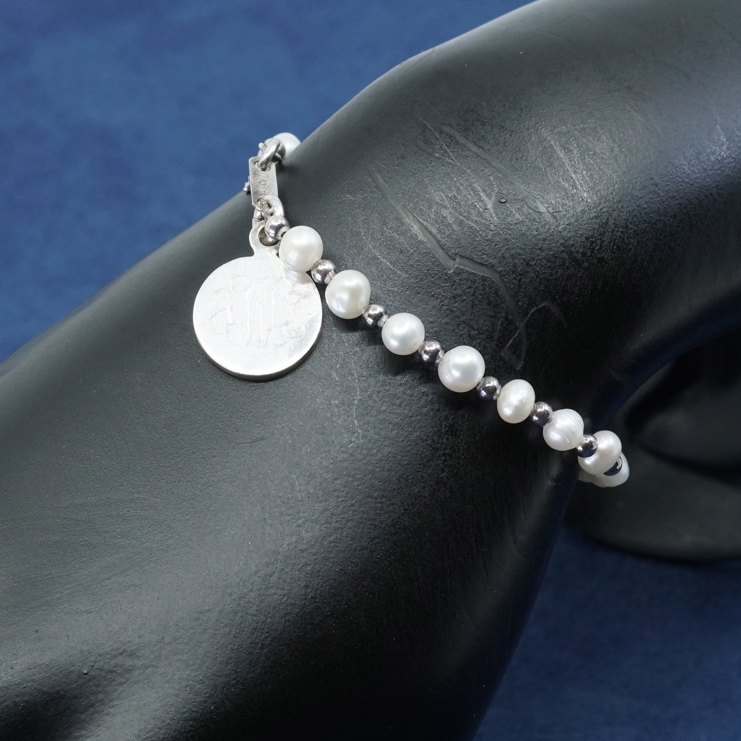 5.5", Sterling silver handmade bracelet 925 charm engraved monogram “JWJ” pearl