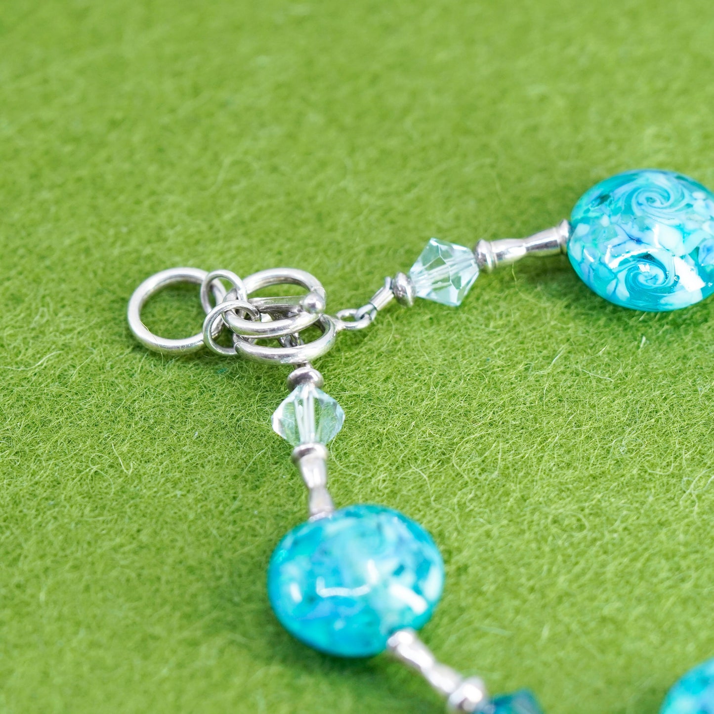 6.5”, vintage 925 Sterling silver bracelet with artisan blue glass beads