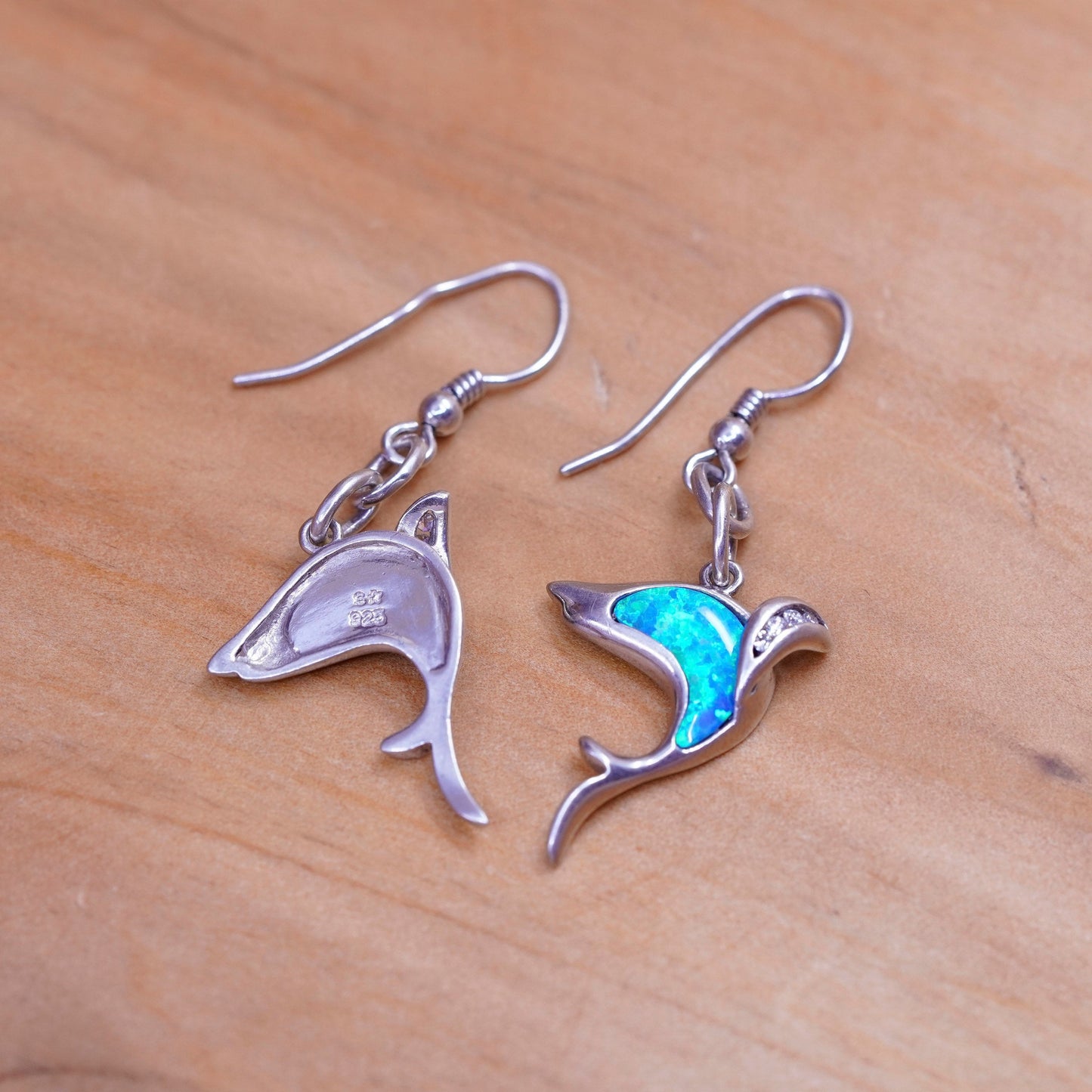 Vintage Sterling 925 silver handmade dolphin earrings with opal inlay