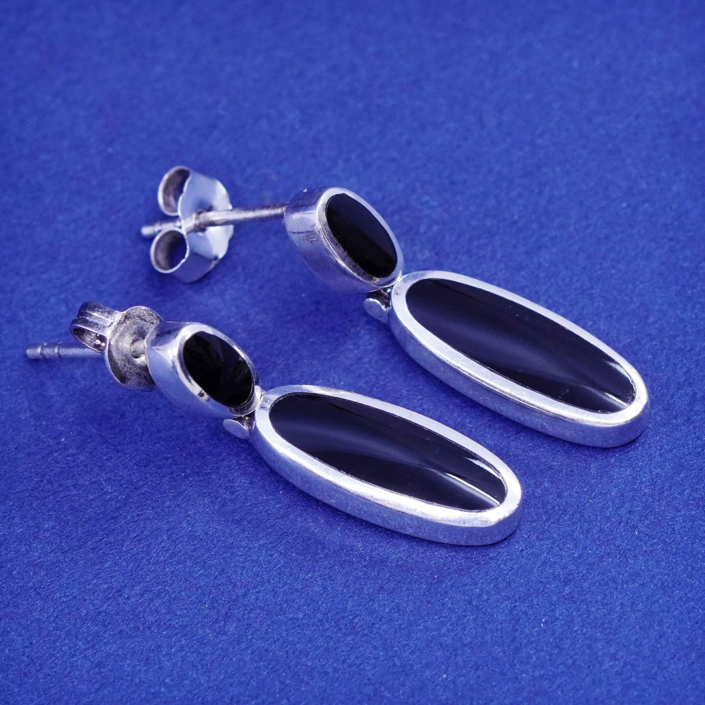 Vintage sterling 925 silver handmade earrings with oval obsidian